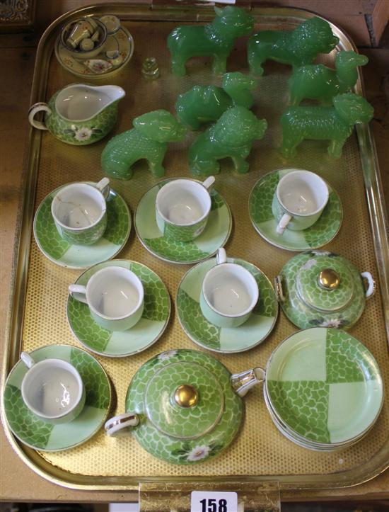 Miniature tea set, 7 jade figures etc